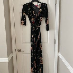 On trend, black coral maxi dress